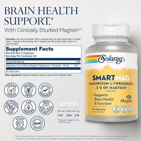 SOLARAY SmartMag Magtein Magnesium L-Threonate 2g - Magnesium Supplement for Brain Health Support - Mag Threonate Brain Supplement w/Clinically Studied Magtein - Vegan, Gluten Free, 30 Servings in Kuwait