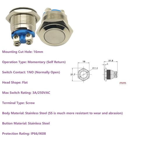3Pcs 16mm 1NO Start Horn Button Momentary Stainless Steel Metal Push Button Switch in Kuwait