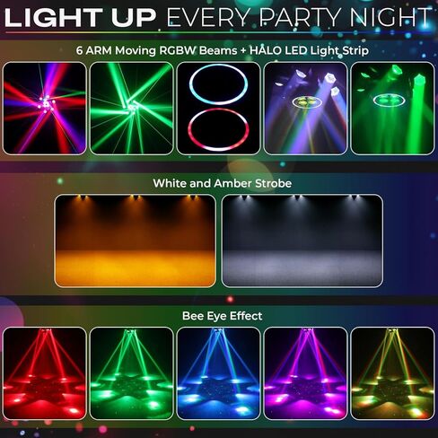 ضوء DJ برأس عنكبوت متحرك 150 وات 6 أذرع - شعاع عين النحل RGBW، ليزر مرصع بالنجوم، ستروب أبيض وعنبر، حلقة هالة - DMX512 إضاءة المسرح الهجين المنشط بالصوت لنادي الزفاف in Kuwait
