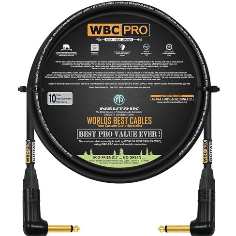 12 قدم - جيتار WBC-PRO - 20 AWG - غطاء منخفض (18pF/قدم) - درجة احترافية - قائم على الجرافيت - جيتار مزدوج الحماية، جهير، كابل أداة مع موصلات نيوتريك بزاوية إلى زاوية ¼ بوصة (6.35 مم) ذهبية TS in Kuwait