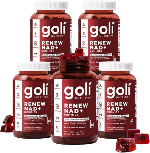 Goli World’s First Renew NAD+، 60 قطعة لكل منها (3 عبوات، 180 إجماليًا) – نيكوتيناميد ريبوسيد (NR) – الطاقة الخلوية ودعم الشيخوخة الصحية – علكات نباتية، غير معدلة وراثيًا، خالية من الجيلاتين في المركز السائل in Kuwait