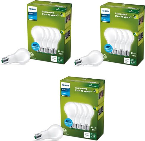 Philips LED 60W A19 12-Pack مصباح نهاري فائق الكفاءة (5W = 60W) لمبة إضاءة شفافة خالية من الوميض وقابلة للتعتيم in Kuwait