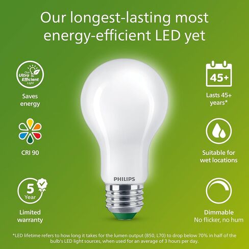 Philips LED 60W A19 12-Pack مصباح نهاري فائق الكفاءة (5W = 60W) لمبة إضاءة شفافة خالية من الوميض وقابلة للتعتيم in Kuwait