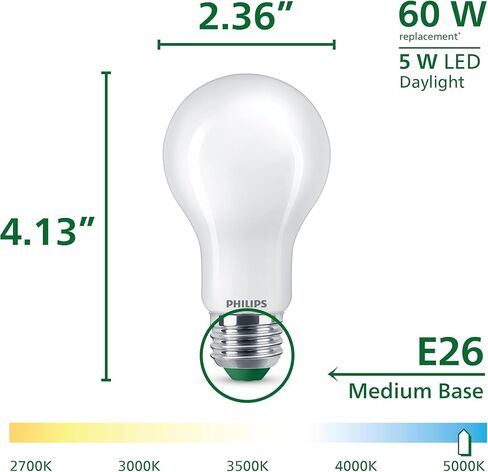 Philips LED 60W A19 12-Pack مصباح نهاري فائق الكفاءة (5W = 60W) لمبة إضاءة شفافة خالية من الوميض وقابلة للتعتيم in Kuwait