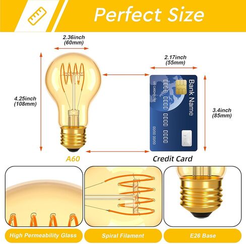 Dimmable E26 A19 Edison Bulbs Vintage Amber Light Bulbs 40 watt,Decorative Antique Spiral Filament Warm 2200K LED Light Bulb 400LM,for Rustic,Lamp,Chandelier,Pendant,Pack of 2 in Saudi Arabia