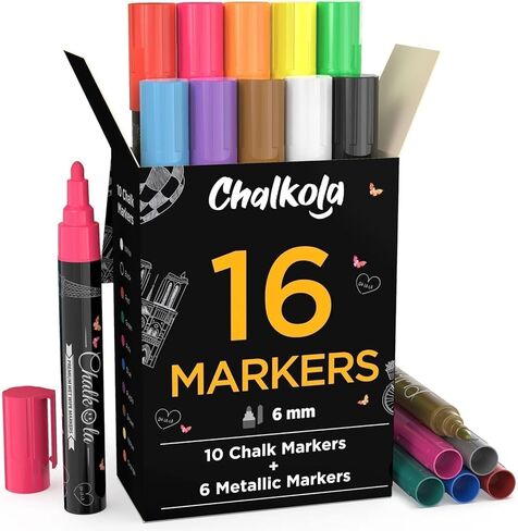 Chalkola Extra Fine Tip Chalk Markers for Blackboard & Glass (حزمة من 16 ، 1 مم) | علامة نافذة ، أقلام الطباشير السائلة للوحة محو الأكريليك الجاف ، المرآة ، السيارة | علامات السبورة الرقيقة قابلة للمحو in Kuwait