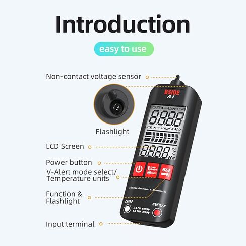 BSIDE A1 Mini Multimeter LCD جهاز اختبار رقمي للكشف عن الجهد 2000 عدد DC/AC مقاومة تردد الجهد NCV استمرارية سلك حي سلك محايد تحقق من مقياس RMS الحقيقي مع حقيبة سحاب للتخزين in Kuwait