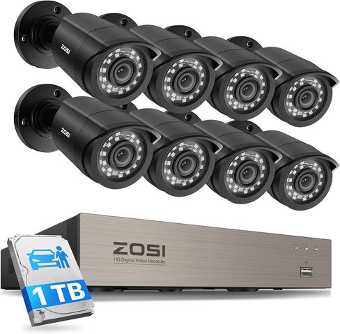 ZOSI 1080P Security Camera System with 1TB Hard Drive,H.265+ 8CH 5MP Lite HD TVI Video DVR Recorder with 4X HD 1920TVL 1080P Indoor Outdoor Weatherproof CCTV Cameras,Motion Alert,Remote Access in Kuwait