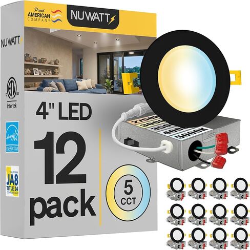 NUWATT 12 حزمة، 4 بوصة إضاءة LED مجوفة، CCT 2700K/3000K/3500K/4000K/5000K، 630LM، 9W، تصنيف IC، عاكس للضوء، أضواء بدون علبة مع صندوق توصيل، ETL ونجمة الطاقة، زخرفة سوداء in Kuwait