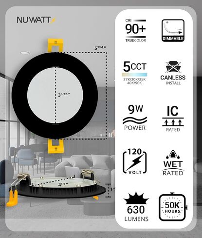 NUWATT 12 حزمة، 4 بوصة إضاءة LED مجوفة، CCT 2700K/3000K/3500K/4000K/5000K، 630LM، 9W، تصنيف IC، عاكس للضوء، أضواء بدون علبة مع صندوق توصيل، ETL ونجمة الطاقة، زخرفة سوداء in Kuwait