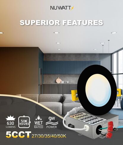NUWATT 12 حزمة، 4 بوصة إضاءة LED مجوفة، CCT 2700K/3000K/3500K/4000K/5000K، 630LM، 9W، تصنيف IC، عاكس للضوء، أضواء بدون علبة مع صندوق توصيل، ETL ونجمة الطاقة، زخرفة سوداء in Kuwait