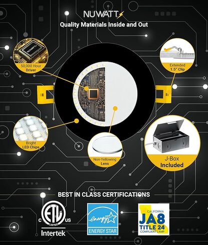 NUWATT 12 حزمة، 4 بوصة إضاءة LED مجوفة، CCT 2700K/3000K/3500K/4000K/5000K، 630LM، 9W، تصنيف IC، عاكس للضوء، أضواء بدون علبة مع صندوق توصيل، ETL ونجمة الطاقة، زخرفة سوداء in Kuwait