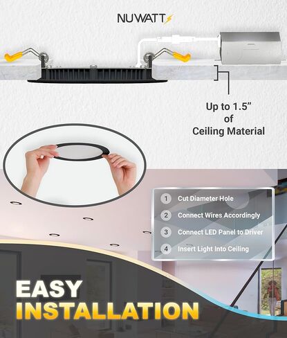 NUWATT 12 حزمة، 4 بوصة إضاءة LED مجوفة، CCT 2700K/3000K/3500K/4000K/5000K، 630LM، 9W، تصنيف IC، عاكس للضوء، أضواء بدون علبة مع صندوق توصيل، ETL ونجمة الطاقة، زخرفة سوداء in Kuwait