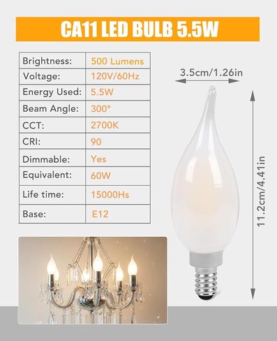 مصابيح إضاءة ثريا LED قابلة للتعتيم من FELCO، لمبة شمعدان E12 60 وات مكافئة، 5.5 وات متجمد CA11 مصابيح شموع خيوط LED للثريات، 500LM ساطعة، 2700K، CRI90، 6 عبوات in Kuwait