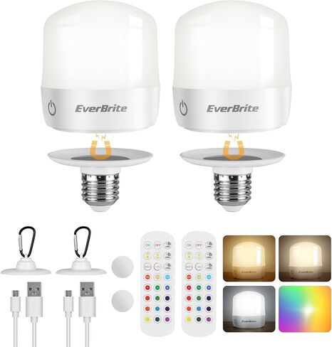 مصابيح إضاءة EverBrite E26 قابلة لإعادة الشحن مع جهاز تحكم عن بعد واللمس، لمبة احتياطية للبطارية للشمعدانات والمصابيح، مصابيح تخييم LED قابلة للفصل وقابلة للتعتيم مع 12 لون RGB و3 درجات حرارة لونية، عبوتان in Kuwait
