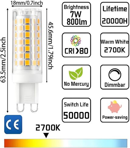 مصابيح G9 LED قابلة للتعتيم 2700K G9 قاعدة ثنائية الدبوس T4 7W بديلة لـ 70 واط هالوجين، 120 فولت 800 لومن 360 درجة زاوية شعاع ناعمة بيضاء دافئة 6 عبوات، تركيبات إضاءة للحمام in Kuwait