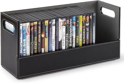 قم بتخزين صندوق تخزين DVD في منزلك، منظم رف الأفلام لبلو راي، وحافظات ألعاب الفيديو، والأقراص المضغوطة، وحامل عرض شريط VHS، يمكن لحامل الأقراص تخزين ما يصل إلى 28 قرص DVD، جلد صناعي (بني) in Kuwait