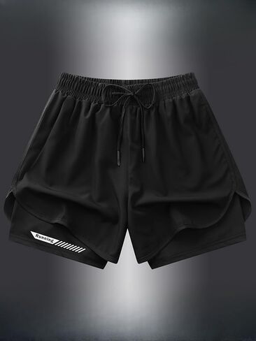 Women's 2-in-1 Black Quick Dry Running Shorts, Elastic Drawstring Waist Anti-Exposure for Gym, Workout & Daily Wear in Kuwait