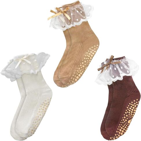 Cute Polka Dot Yoga Socks for Women – 4 Pairs Non Slip Grip Pilates Barre Socks, Ruffle Crew Style, US Size 5-9 in Saudi Arabia