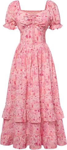 Scarlet Darkness Women Floral Cottagecore Dress Puff Sleeve Maxi Ruffled Corset Dress in Saudi Arabia
