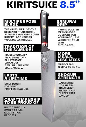 Dalstrong Kiritsuke Chef Knife - 8.5 inch - Shogun Series Elite - Damascus - Japanese AUS-10V Super Steel Kitchen Knife - Premium Black G10 Handle - Razor Sharp Knife - Chef's Knife - w/Sheath in Kuwait