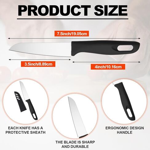 50 Pcs Paring Knives with Cover 7.5 Inch Sharp Stainless Steel Knife with Ergonomic Plastic Handle and Blade Cover for Fruit Vegetable Kitchen, Black in Kuwait