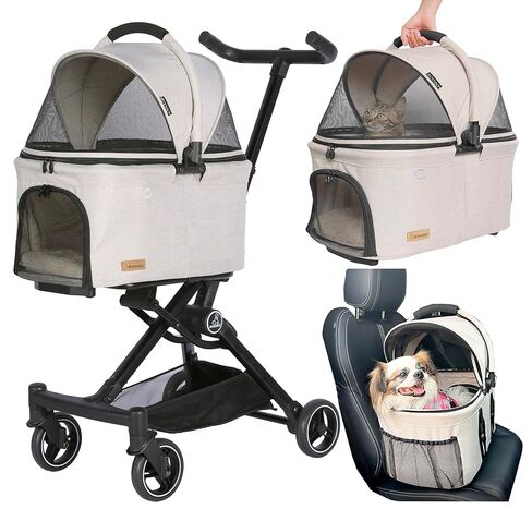 عربة عربة Roodo Dog Cat 3 in 1 عربة الحيوانات الأليفة مع الناقل القابل للفصل ومقعد السيارة أفضل طي قابلة للطي جميع عربة الأليفة سفر التضاريس مقابل 30 رطلاً الكلاب الصغيرة والقطط (كاكي خفيفة) in Saudi Arabia