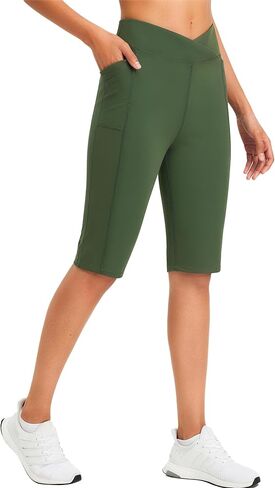 Bermuda Long Shorts for Women 11" Knee Length V Crossover High Waisted Athletic Shorts with Pockets Workout Golf Yoga in Saudi Arabia