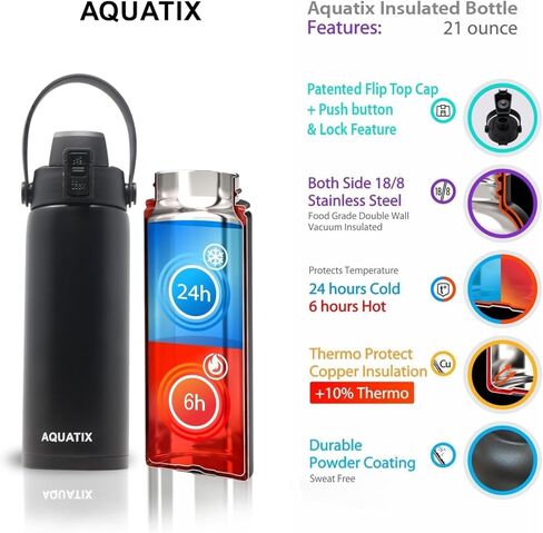 زجاجة مياه رياضية Aquatix جديدة (أسود، 21 أونصة) مصنوعة من الفولاذ المقاوم للصدأ النقي بجدار مزدوج ومعزولة بتفريغ الهواء، غطاء علوي قابل للطي مريح مع مقبض حزام قابل للإزالة - تحافظ على المشروبات باردة 24 ساعة/ساخنة 6 ساعات in Kuwait