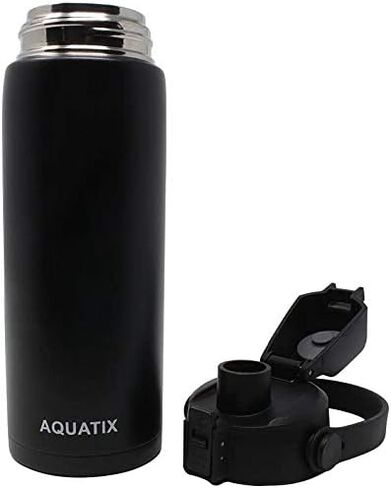 زجاجة مياه رياضية Aquatix جديدة (أسود، 21 أونصة) مصنوعة من الفولاذ المقاوم للصدأ النقي بجدار مزدوج ومعزولة بتفريغ الهواء، غطاء علوي قابل للطي مريح مع مقبض حزام قابل للإزالة - تحافظ على المشروبات باردة 24 ساعة/ساخنة 6 ساعات in Kuwait