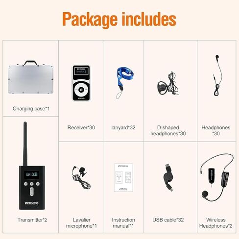 Retekess T130P Factory Tour Guide System,Upgraded Noise Reduction,Church Translation System,Tour Guide Headsets for Plant,School (2 Transmitter 30 Receivers 30 Headphones) in Kuwait