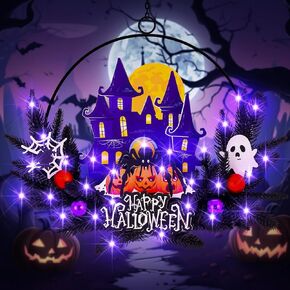 Lighted Halloween Wreaths for Front Door, Welcome Metal Wooden Door Wreath Decor Hanging Sign, 30 LED Lighted Wall Decor Battery Operated for Halloween Indoor Outdoor (Pumpkin) in Saudi Arabia
