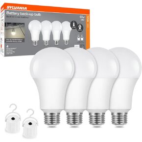مصابيح إضاءة LED قابلة لإعادة الشحن من سيلفانيا، لمبة إضاءة تعمل بالبطارية A21، 60 وات = 7.3 وات، مصابيح إضاءة للطوارئ داخلية/خارجية، 800 LMS، 3000 كلفن، أبيض ناعم، ملحقات معلقة متضمنة - 4 عبوات (42687) in Kuwait