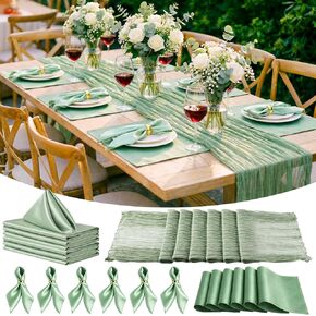 Patelai 19 Pcs Sage Green Table Runner Sets, 6 Placemats 6 Square Napkins with Napkin Rings Sets for Kitchen Dining Table Wedding Baby Shower Party Decorations in Kuwait