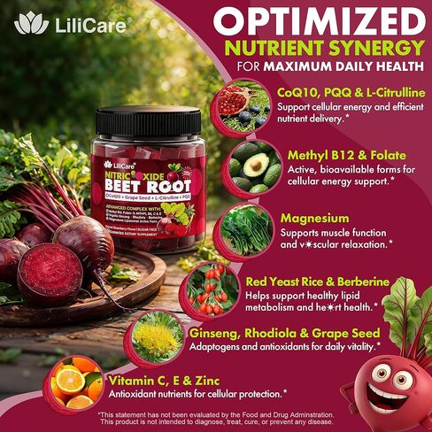 Beet Root Gummies, 17-IN-1 Liposomal Beetroot Superfood with CoQ10, Grape Seed, L-Citrulline, PQQ, Methyl B12, B6, Magnesium, Ginseng, Nitric Oxide Supplements for Circulation, Energy & Immune, 2Pack in Saudi Arabia