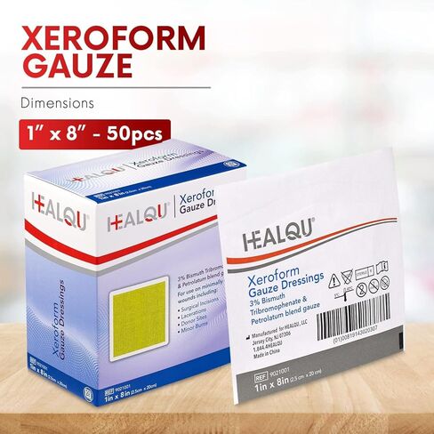HEALQU Medical Xeroform Petrolatum Dressing 1x8-50 Count - وسادة شاش غير ملتصقة للجروح منخفضة الإفراز - رقعة شاش شبكية دقيقة معقمة لتمزقات العناية بالجروح والحروق وترقيع الجلد in Kuwait