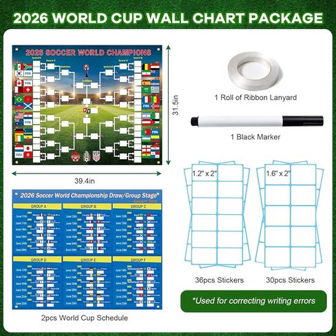 MOSA BEAR 2-Pack توقع ملصق جدول كأس العالم لكرة القدم 2026، ملصقات بيضاء DIY، 39.4 * 31.5 بوصة مخطط جداري لقوس البطولة، هدية لمحبي كرة القدم وحفلات يوم لعبة كرة القدم in Kuwait