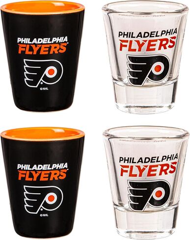 Team Sports America NHL Philadelphia Flyers Shot Glass Gift Set – 4-Piece 2oz Ceramic & Glass Collector Cups, Hockey Barware for Vodka, Whiskey, Tequila, Espresso, Holiday Christmas Gift for Fans in Kuwait