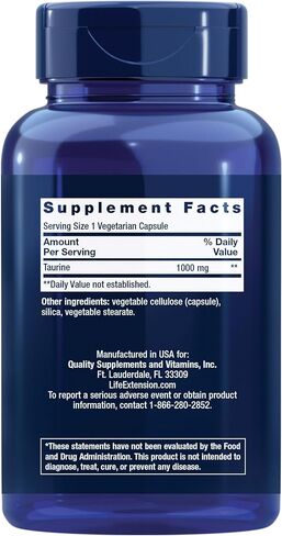 Life Extension Taurine، مكمل الأحماض الأمينية التورين النقي، صحة القلب والكبد والدماغ، طول العمر، العضلات والتمارين الرياضية، 1000 مجم، غير معدل وراثيًا، خالي من الغلوتين، نباتي، 180 كبسولة نباتية in Kuwait