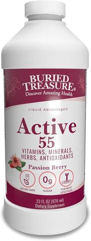 Buried Treasure Active 55 Plus - 32 جرعة، فيتامينات سائلة متعددة لكبار السن، نباتية، خالية من السكر، دعم طبيعي للمناعة، مزيج من الفيتامينات والأطعمة الفائقة in Kuwait