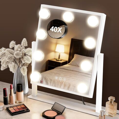 B Beauty Planet Hollywood Vanity Mirror with Lights, 3 Colors Light up Mirror for Makeup, Smart Touch Control, Brightness Adjustable, 360°Rotation Detachable 40X Magnification Mirror (14“L x 12“W) in Saudi Arabia