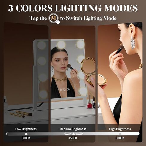 B Beauty Planet Hollywood Vanity Mirror with Lights, 3 Colors Light up Mirror for Makeup, Smart Touch Control, Brightness Adjustable, 360°Rotation Detachable 40X Magnification Mirror (14“L x 12“W) in Saudi Arabia