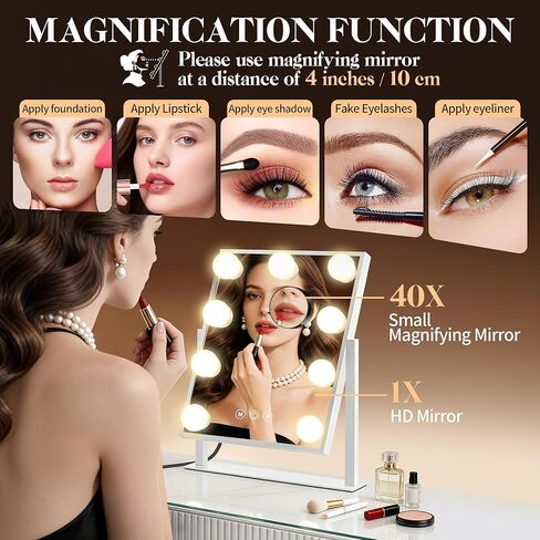B Beauty Planet Hollywood Vanity Mirror with Lights, 3 Colors Light up Mirror for Makeup, Smart Touch Control, Brightness Adjustable, 360°Rotation Detachable 40X Magnification Mirror (14“L x 12“W) in Saudi Arabia