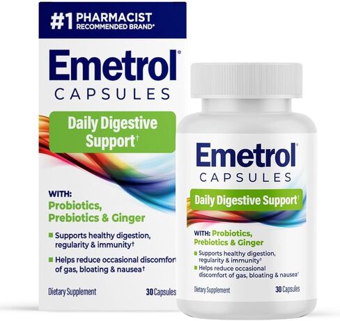Emetrol Daily Digestive Support Capsules – Probiotic Prebiotic & Ginger Supplement for Gut Health, Bloating, Gas & Nausea Support – #1 Pharmacist Recommended Brand – 30 Capsules in Kuwait
