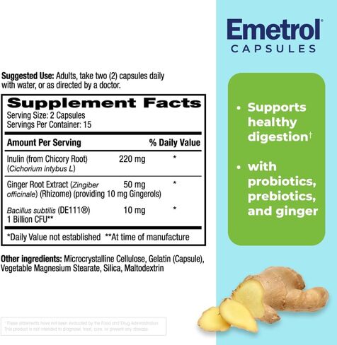 Emetrol Daily Digestive Support Capsules – Probiotic Prebiotic & Ginger Supplement for Gut Health, Bloating, Gas & Nausea Support – #1 Pharmacist Recommended Brand – 30 Capsules in Kuwait