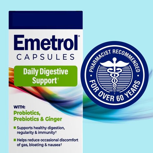 Emetrol Daily Digestive Support Capsules – Probiotic Prebiotic & Ginger Supplement for Gut Health, Bloating, Gas & Nausea Support – #1 Pharmacist Recommended Brand – 30 Capsules in Kuwait