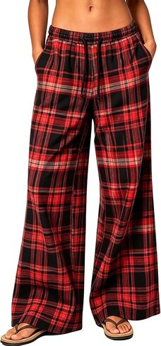 Womens Y2k Plaid Pants Elastic Drawstring Waist Wide Leg Lounge Pants Checkered Gingham Pajamas Pants with Pockets in Saudi Arabia