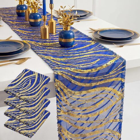 4 Pack Royal Blue Sequin Mesh Table Runners 12 x 108 Inch Embroidered Glitter Table Runner for Blue and Gold Party Graduation Wedding Birthday Engagement Decorations in Kuwait