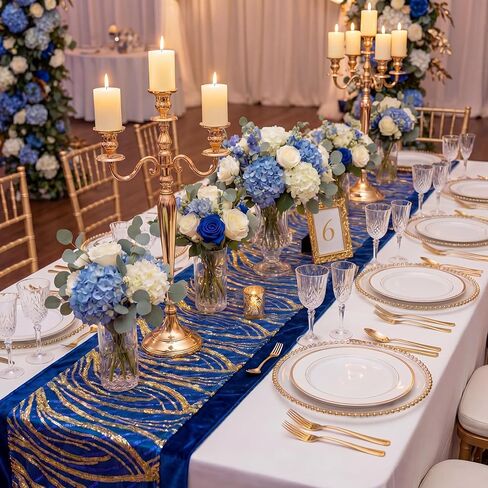 4 Pack Royal Blue Sequin Mesh Table Runners 12 x 108 Inch Embroidered Glitter Table Runner for Blue and Gold Party Graduation Wedding Birthday Engagement Decorations in Kuwait