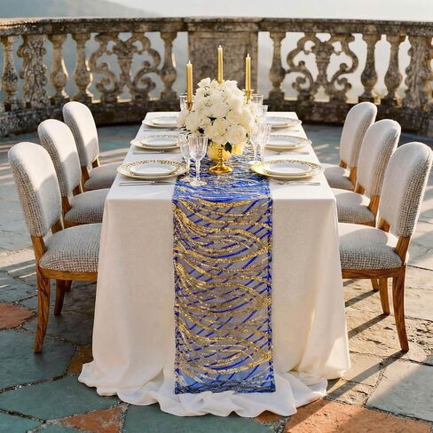 4 Pack Royal Blue Sequin Mesh Table Runners 12 x 108 Inch Embroidered Glitter Table Runner for Blue and Gold Party Graduation Wedding Birthday Engagement Decorations in Kuwait